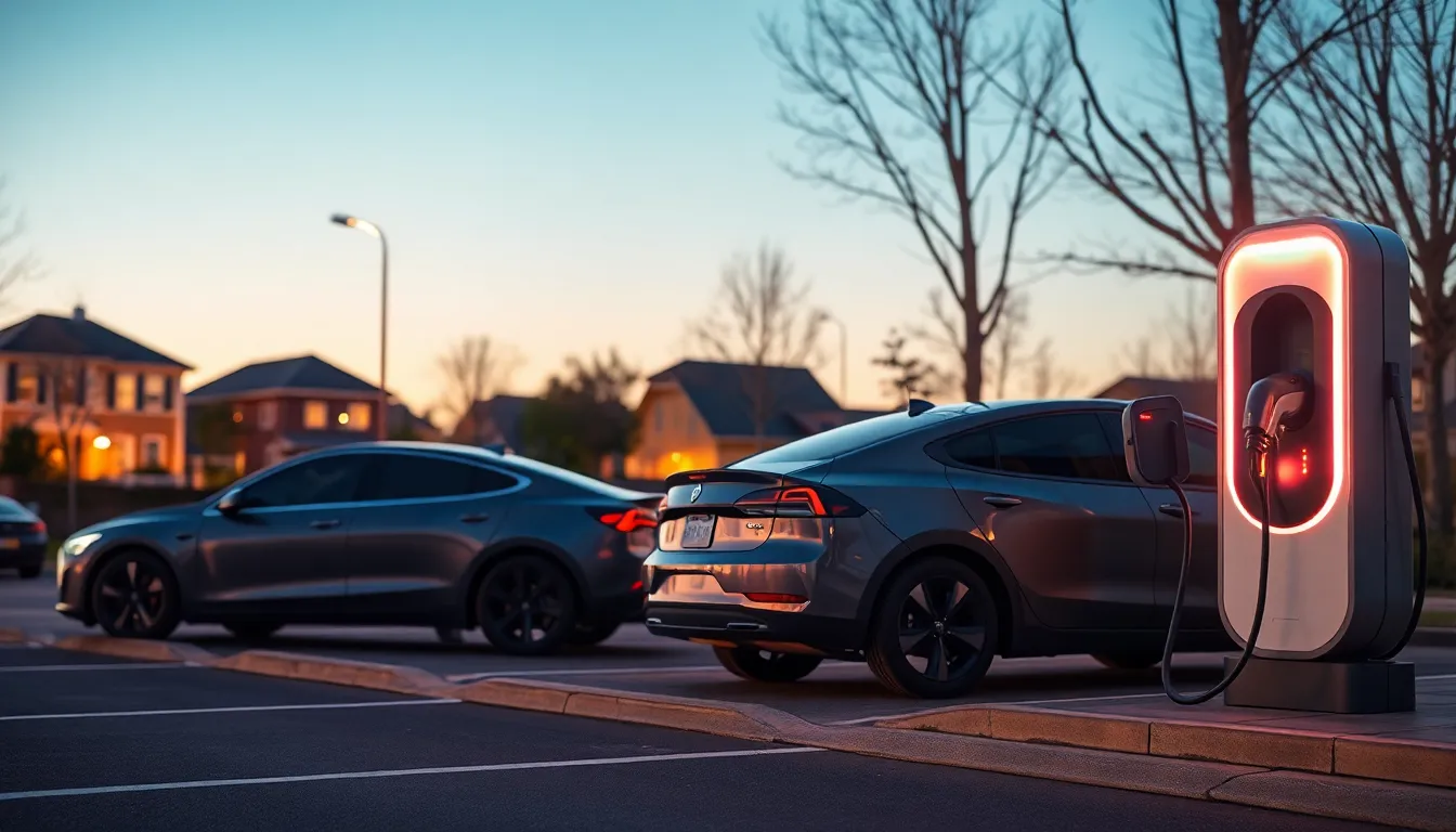 다양한 전기차 충전소와 충전 중인 전기차들